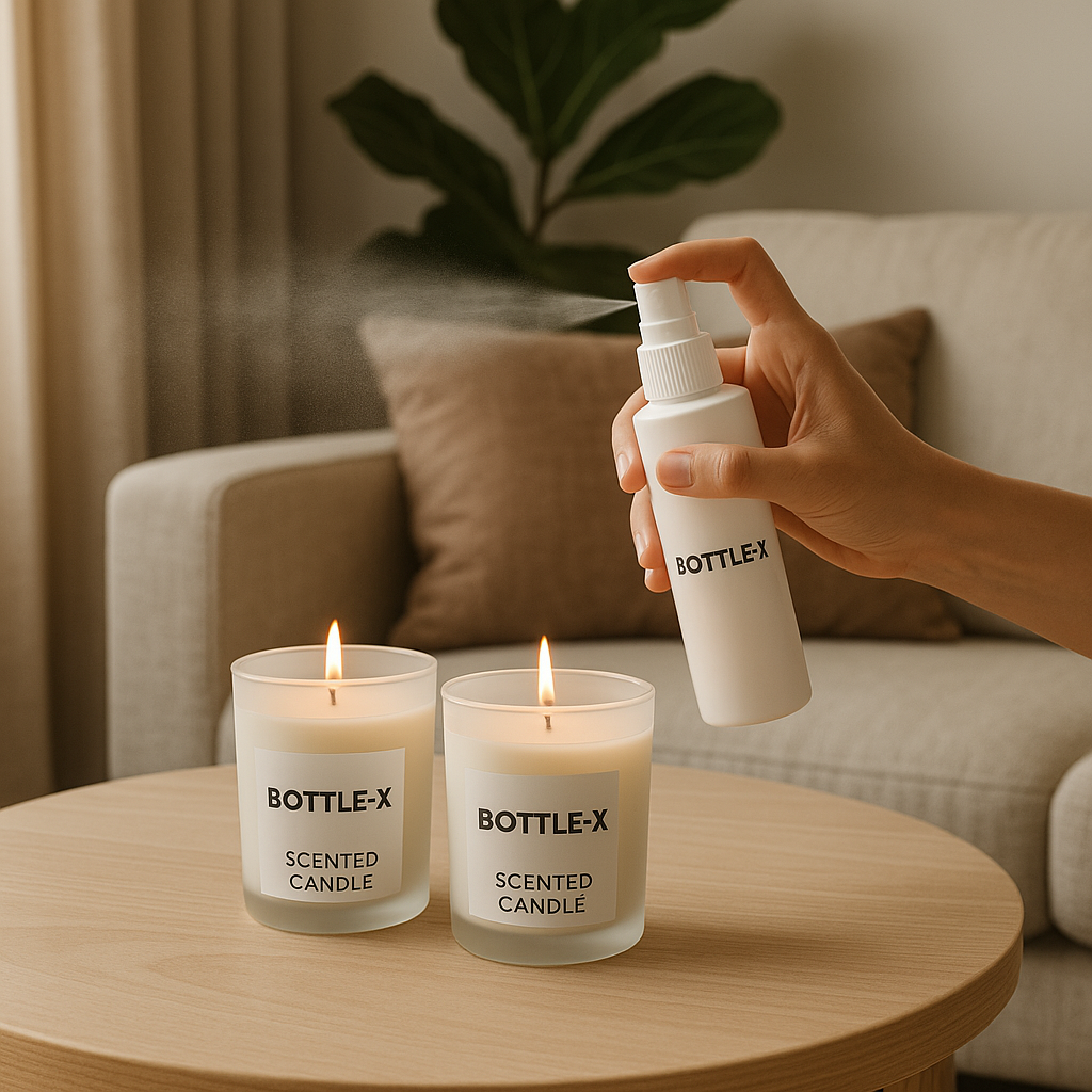 Bougies parfumées et sprays d'ambiance de luxe en marque blanche de Bottle-X sur une table basse, dans le cadre d'une collection de soins pour la maison personnalisée.