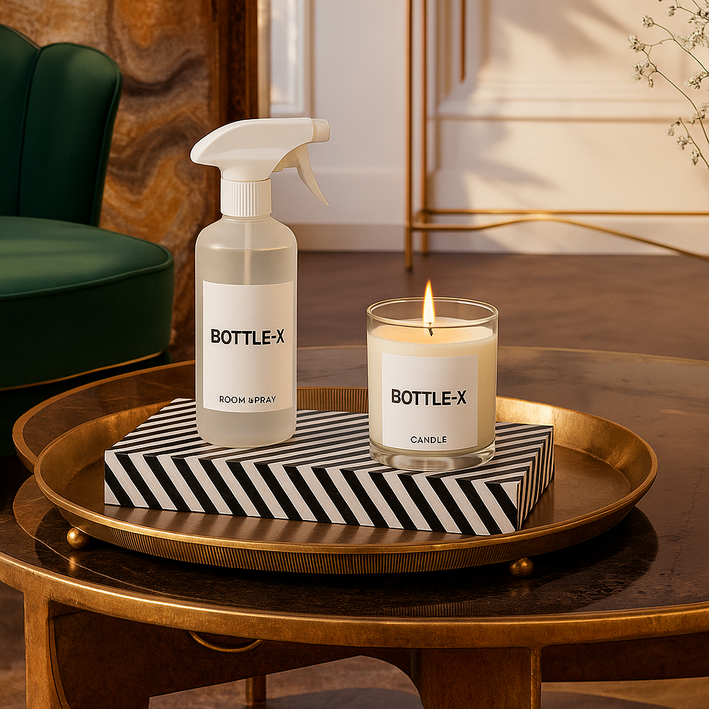 Brume d'ambiance et bougie parfumée luxe sous marque blanche de Bottle-X sur un plateau doré élégant dans un intérieur chic.